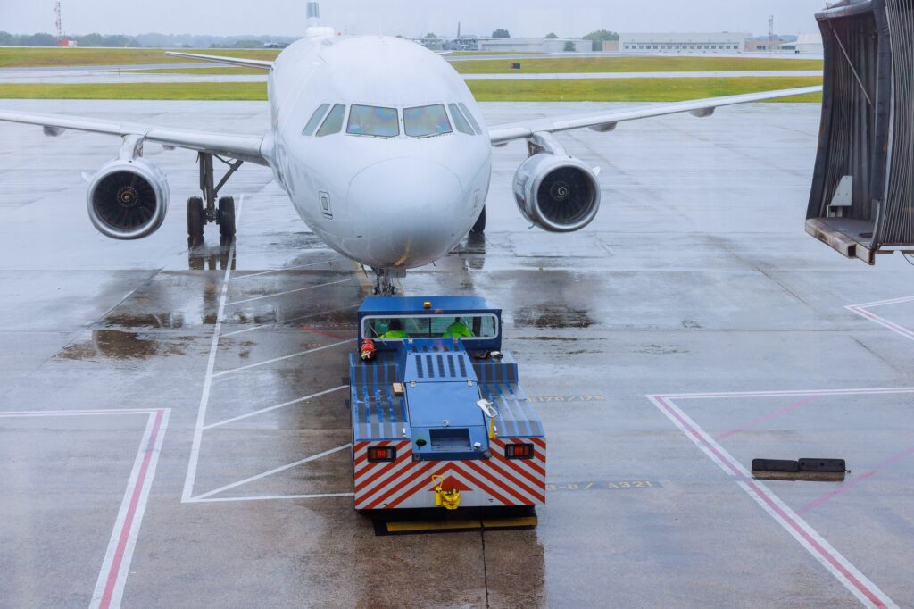 During rain, preparation for departure airplane is rolled out from terminal gate ready for a takeoff